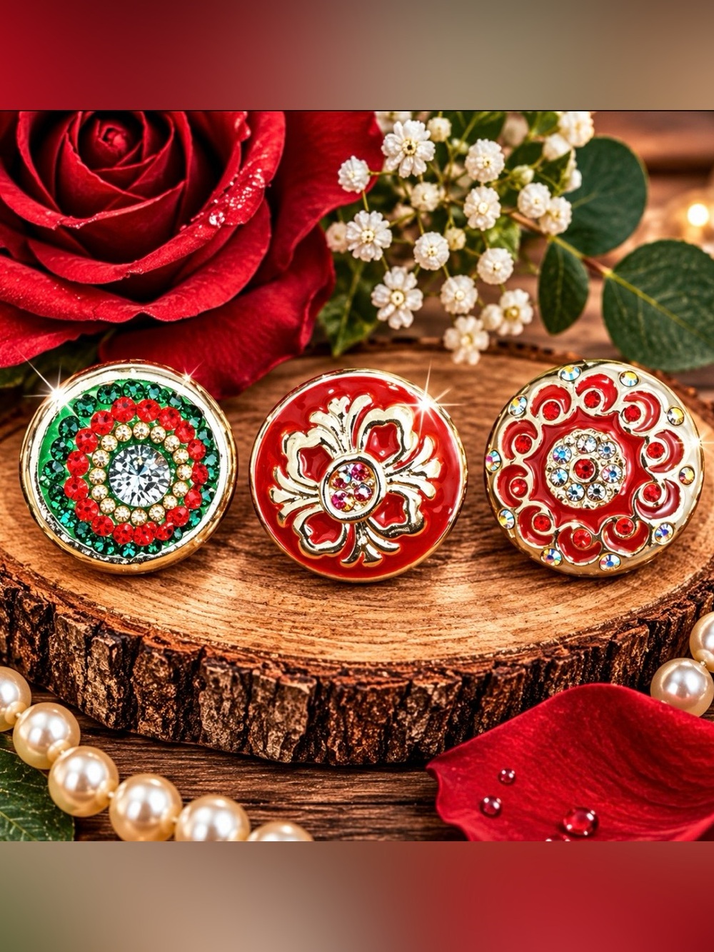 Set of 3 Decorative Red and Green Enamel Snap Buttons